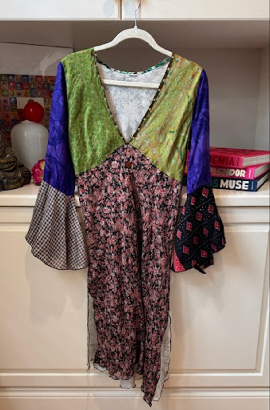 Vintage Y2K Whimsigoth Patchwork Bell Sleeve Dress Beaded V-Neck Floral Boho - Picture 4 of 8